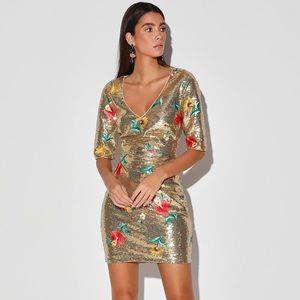 Gold Floral Embroidered Sequin Bodycon Dress